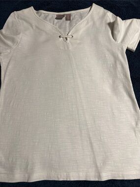 Chico's White Short-Sleeve V-Neck Shirt with Toggle Detail